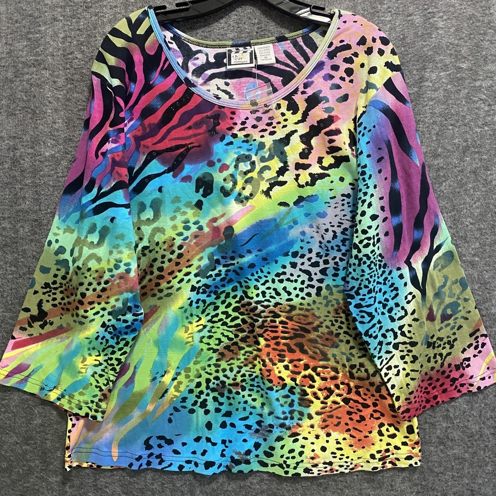 NEW Take‎ Two Clothing Co Top Womens 3X Animal Print Sequin Rainbow Bold Artsy